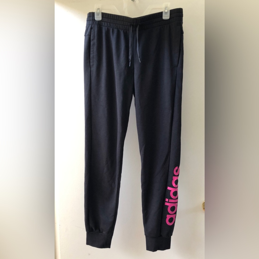 Adidas Black Joggers with Pink Logo
